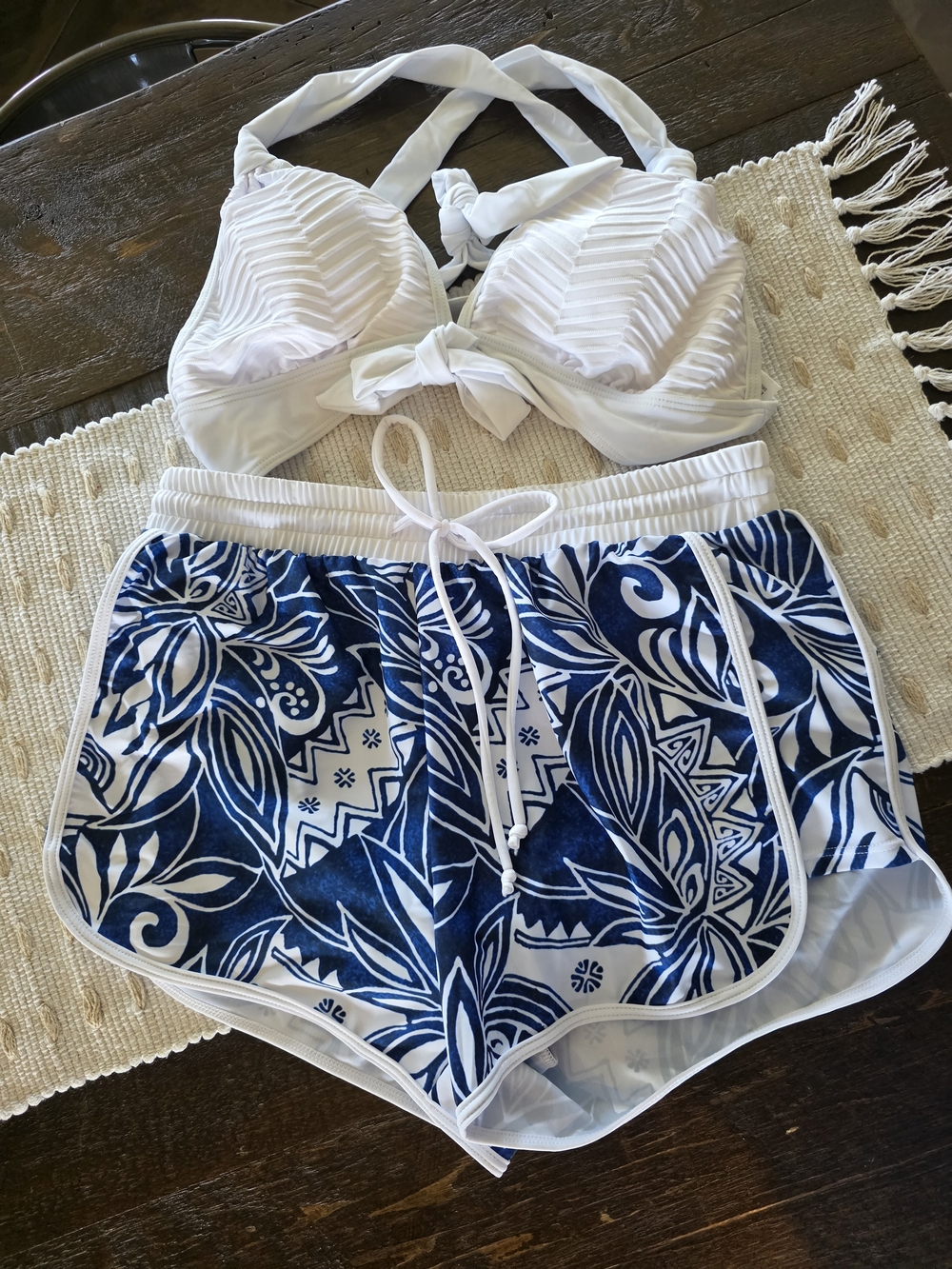 White Ribbed Bikini Top with Blue Floral Board Shorts